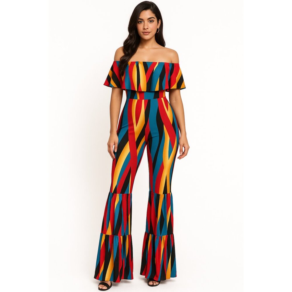 Win Win Jumpsuit Off Shoulder Ruffled Retro Striped Bell Bottom Pants NWOT Sz S